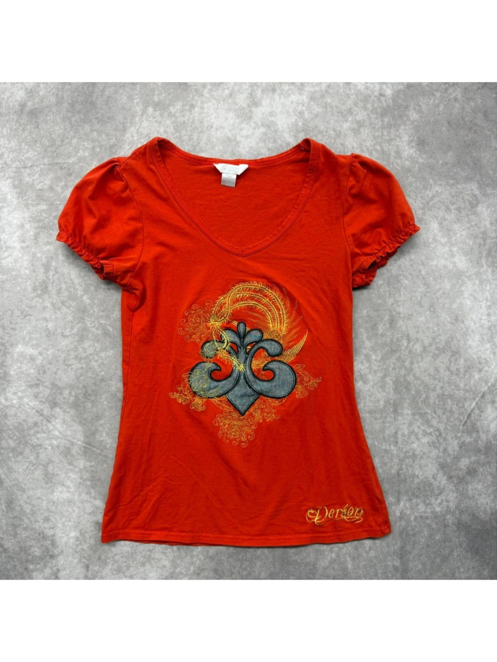 Vintage Y2K Dereon Womens Small Burnt Orange Puff Sleeve Graphic Tee Top